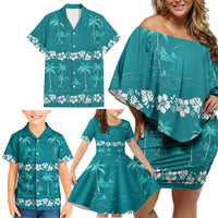 Cyan Hawaii Palm Tree Hibiscus Family Matching Off Shoulder Short Dress and Hawaiian Shirt Fantasy Summer Vibe LT01 - Polynesian Pride