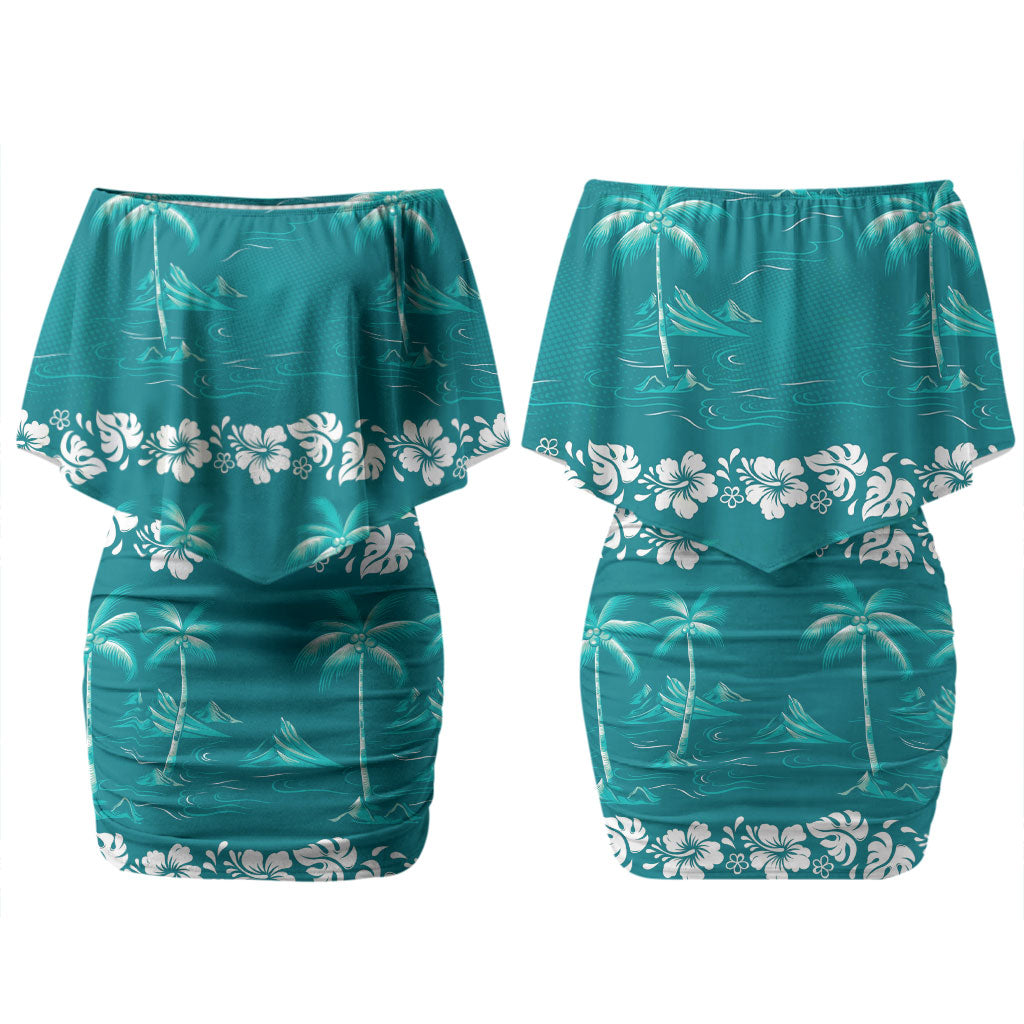 Cyan Hawaii Palm Tree Hibiscus Family Matching Off Shoulder Short Dress and Hawaiian Shirt Fantasy Summer Vibe LT01 Mom's Dress Cyan - Polynesian Pride