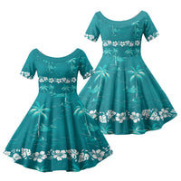 Cyan Hawaii Palm Tree Hibiscus Family Matching Off Shoulder Short Dress and Hawaiian Shirt Fantasy Summer Vibe LT01 Daughter's Dress Cyan - Polynesian Pride