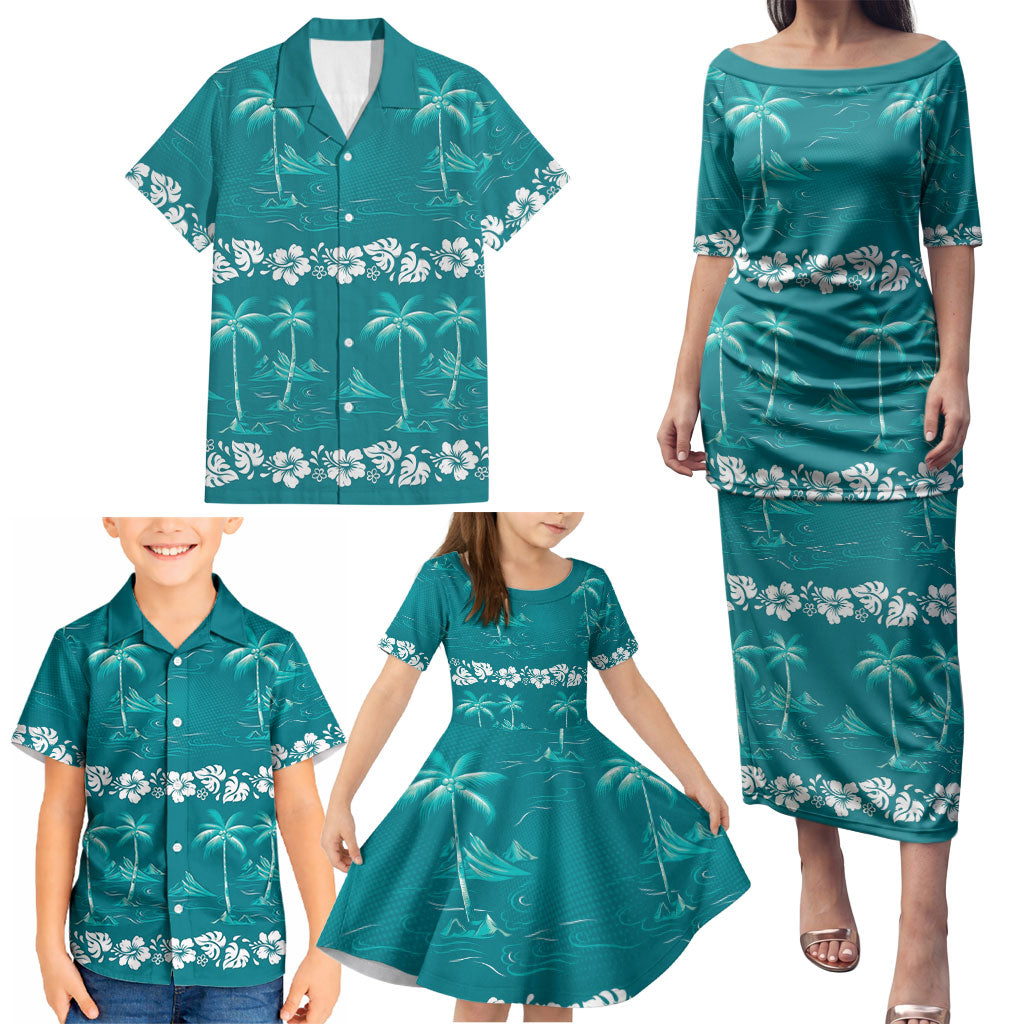 Cyan Hawaii Palm Tree Hibiscus Family Matching Puletasi and Hawaiian Shirt Fantasy Summer Vibe LT01 - Polynesian Pride