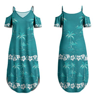 Cyan Hawaii Palm Tree Hibiscus Family Matching Summer Maxi Dress and Hawaiian Shirt Fantasy Summer Vibe LT01 Mom's Dress Cyan - Polynesian Pride