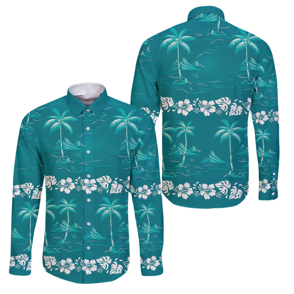 Cyan Hawaii Palm Tree Hibiscus Family Matching Summer Maxi Dress and Hawaiian Shirt Fantasy Summer Vibe LT01 Dad's Shirt - Long Sleeve Cyan - Polynesian Pride