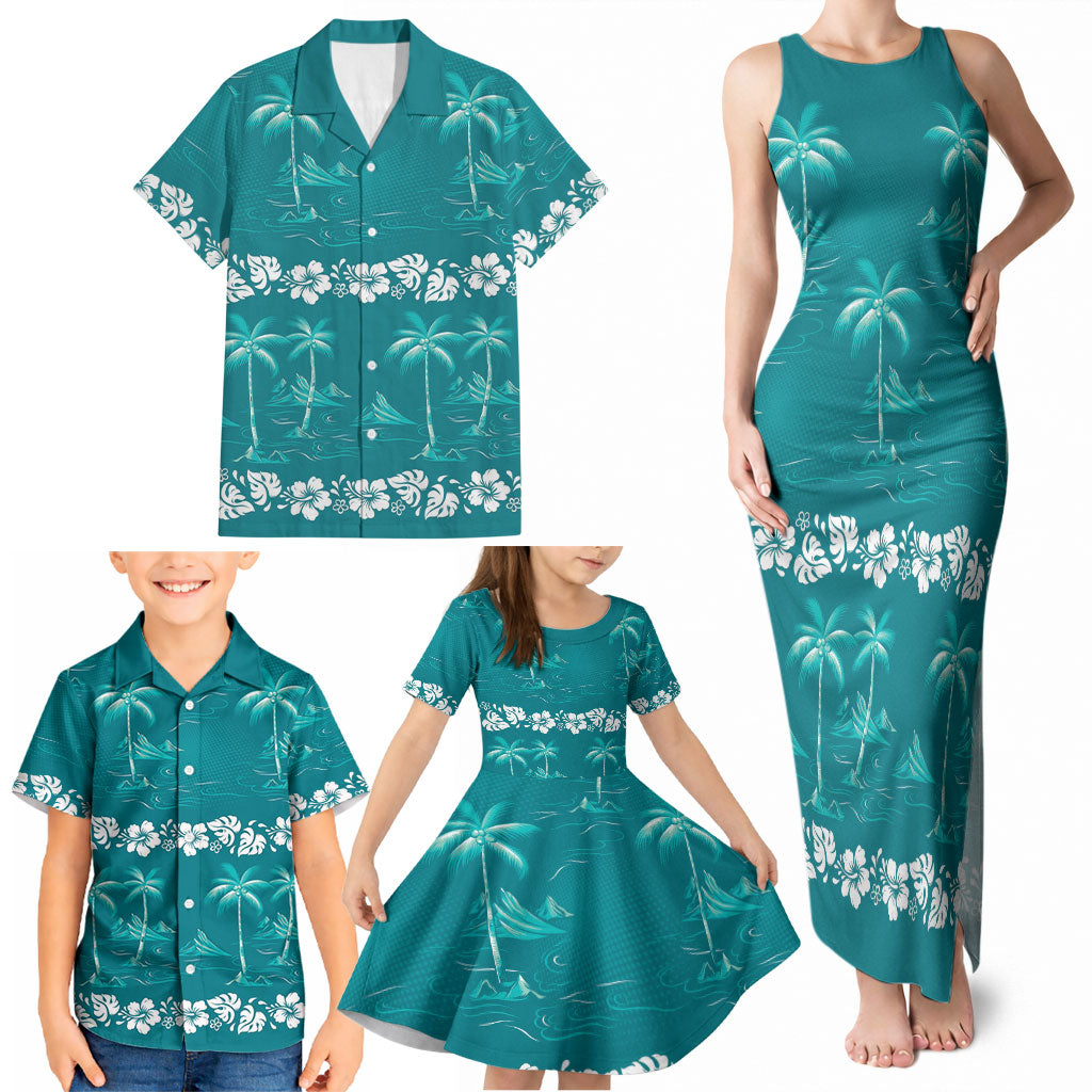 Cyan Hawaii Palm Tree Hibiscus Family Matching Tank Maxi Dress and Hawaiian Shirt Fantasy Summer Vibe LT01 - Polynesian Pride