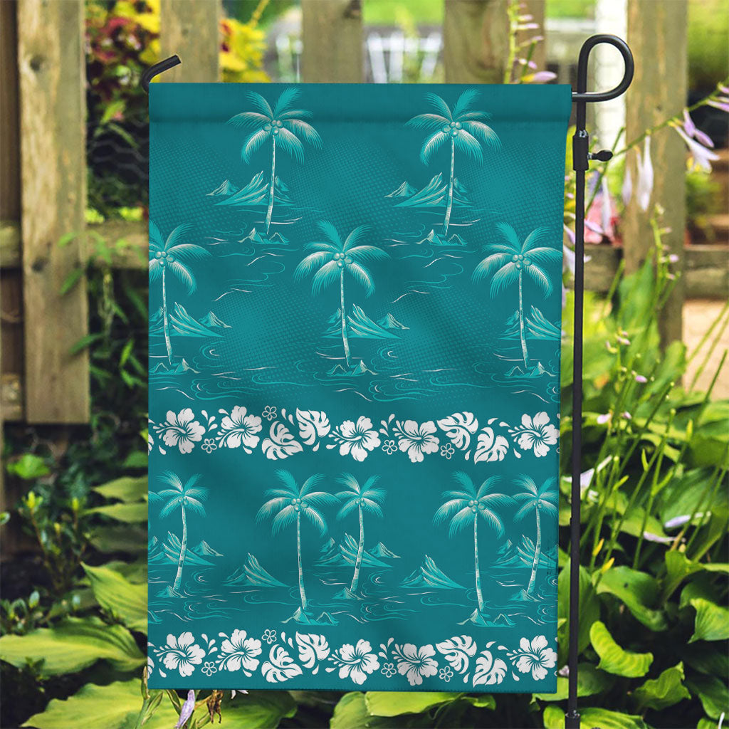 Cyan Hawaii Palm Tree Hibiscus Garden Flag Fantasy Summer Vibe LT01 Garden Flag Cyan - Polynesian Pride