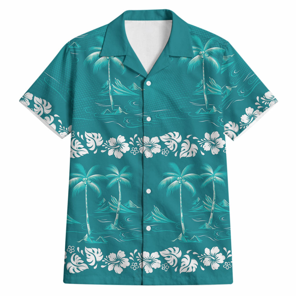 Cyan Hawaii Palm Tree Hibiscus Hawaiian Shirt Fantasy Summer Vibe