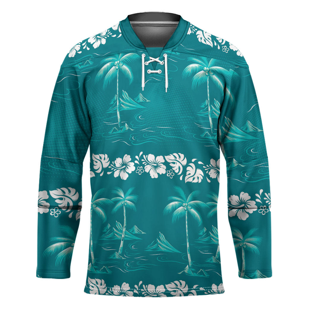 Cyan Hawaii Palm Tree Hibiscus Hockey Jersey Fantasy Summer Vibe LT01 Unisex Cyan - Polynesian Pride