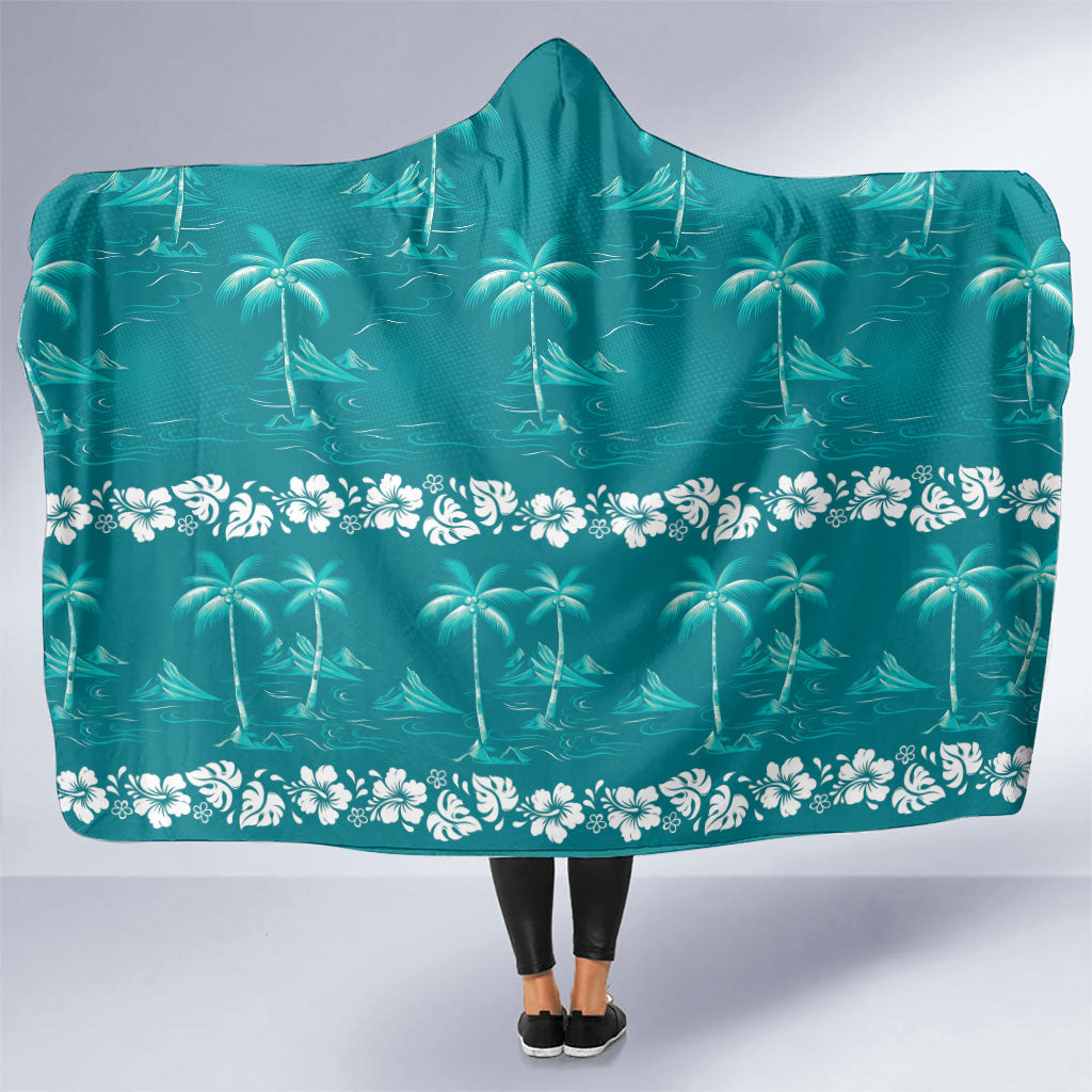 Cyan Hawaii Palm Tree Hibiscus Hooded Blanket Fantasy Summer Vibe LT01 One Size Cyan - Polynesian Pride