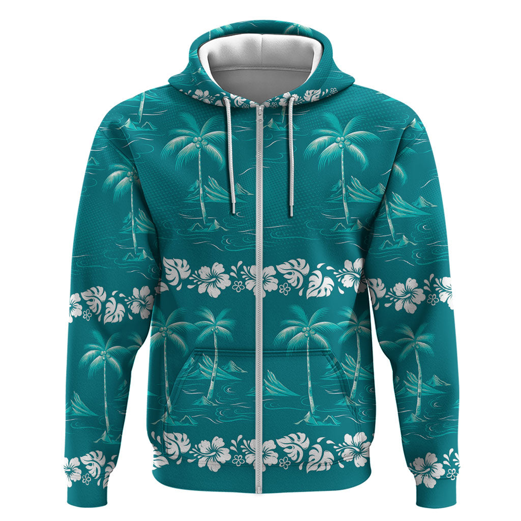 Cyan Hawaii Palm Tree Hibiscus Hoodie Fantasy Summer Vibe LT01 Zip Hoodie Cyan - Polynesian Pride