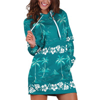 Cyan Hawaii Palm Tree Hibiscus Hoodie Dress Fantasy Summer Vibe LT01 Cyan - Polynesian Pride