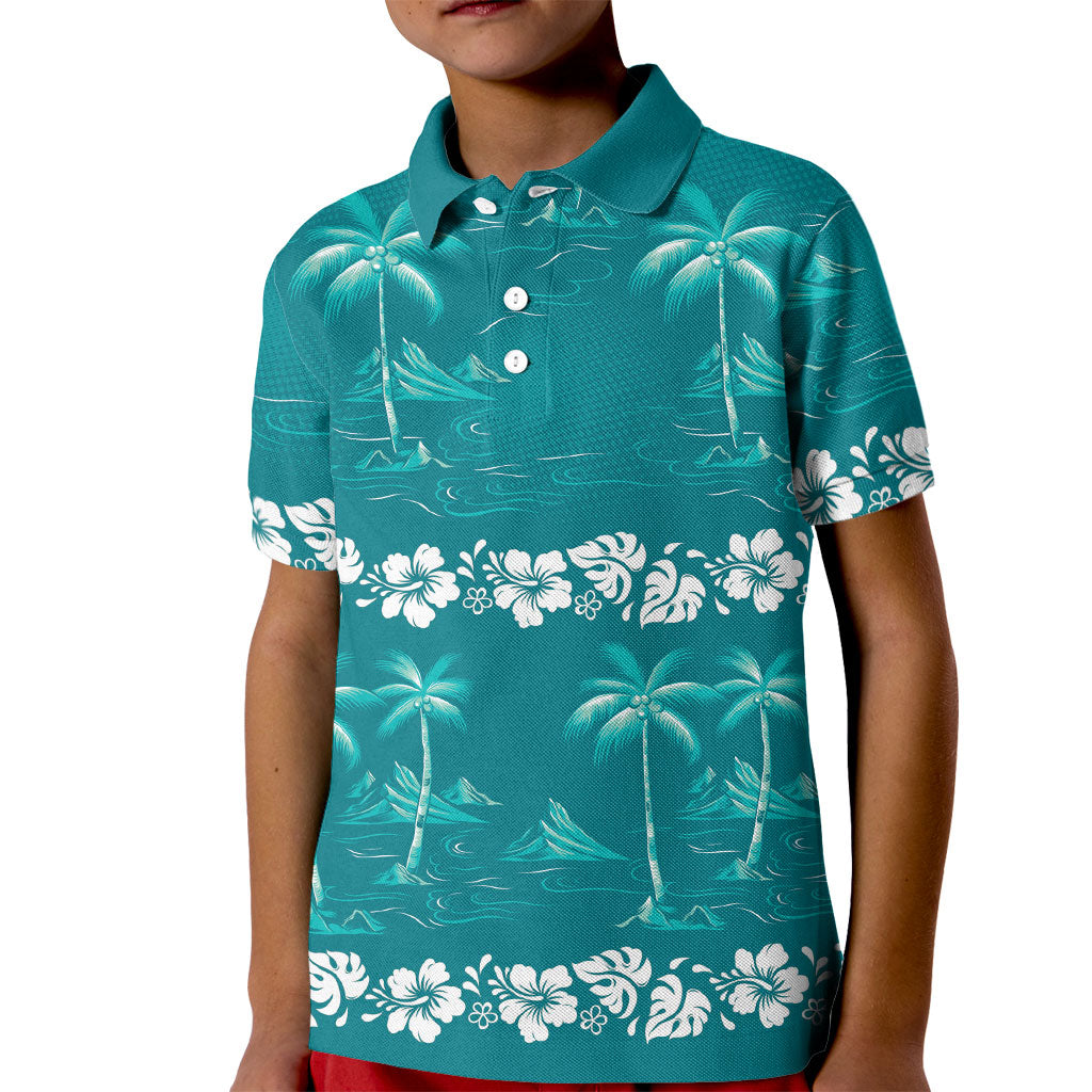 Cyan Hawaii Palm Tree Hibiscus Kid Polo Shirt Fantasy Summer Vibe LT01 Kid Cyan - Polynesian Pride