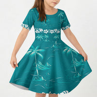 Cyan Hawaii Palm Tree Hibiscus Kid Short Sleeve Dress Fantasy Summer Vibe LT01 KID Cyan - Polynesian Pride