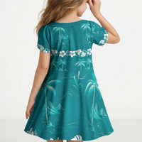 Cyan Hawaii Palm Tree Hibiscus Kid Short Sleeve Dress Fantasy Summer Vibe LT01 - Polynesian Pride