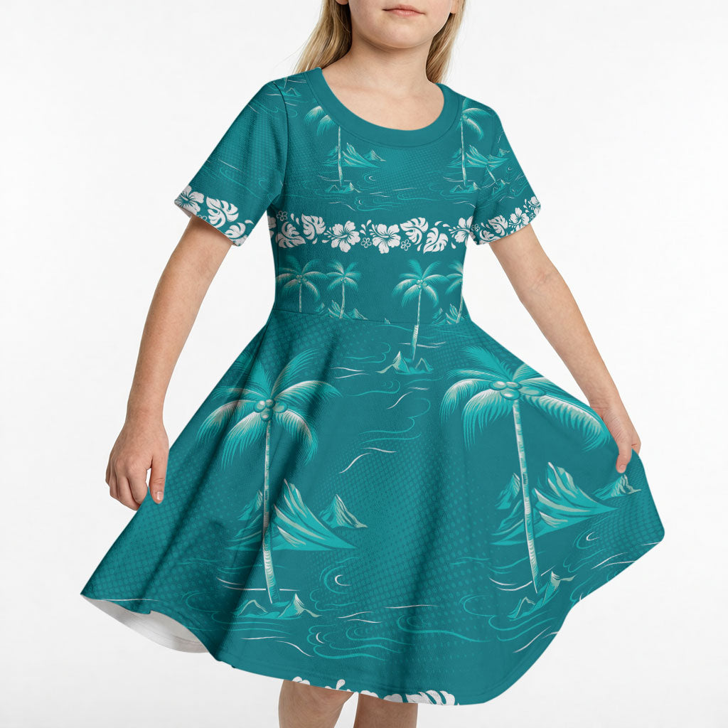 Cyan Hawaii Palm Tree Hibiscus Kid Short Sleeve Dress Fantasy Summer Vibe LT01 - Polynesian Pride