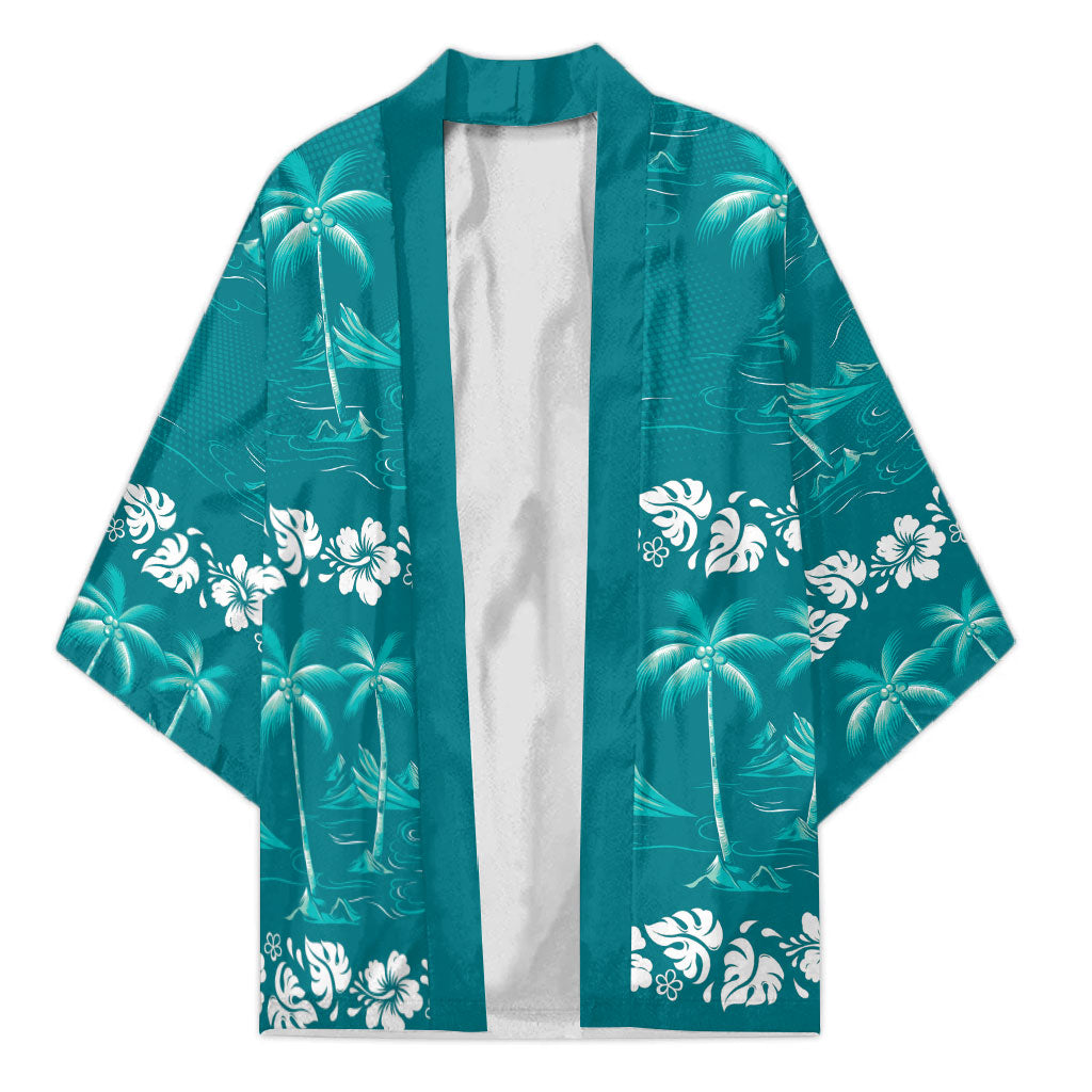Cyan Hawaii Palm Tree Hibiscus Kimono Fantasy Summer Vibe LT01 Unisex Cyan - Polynesian Pride