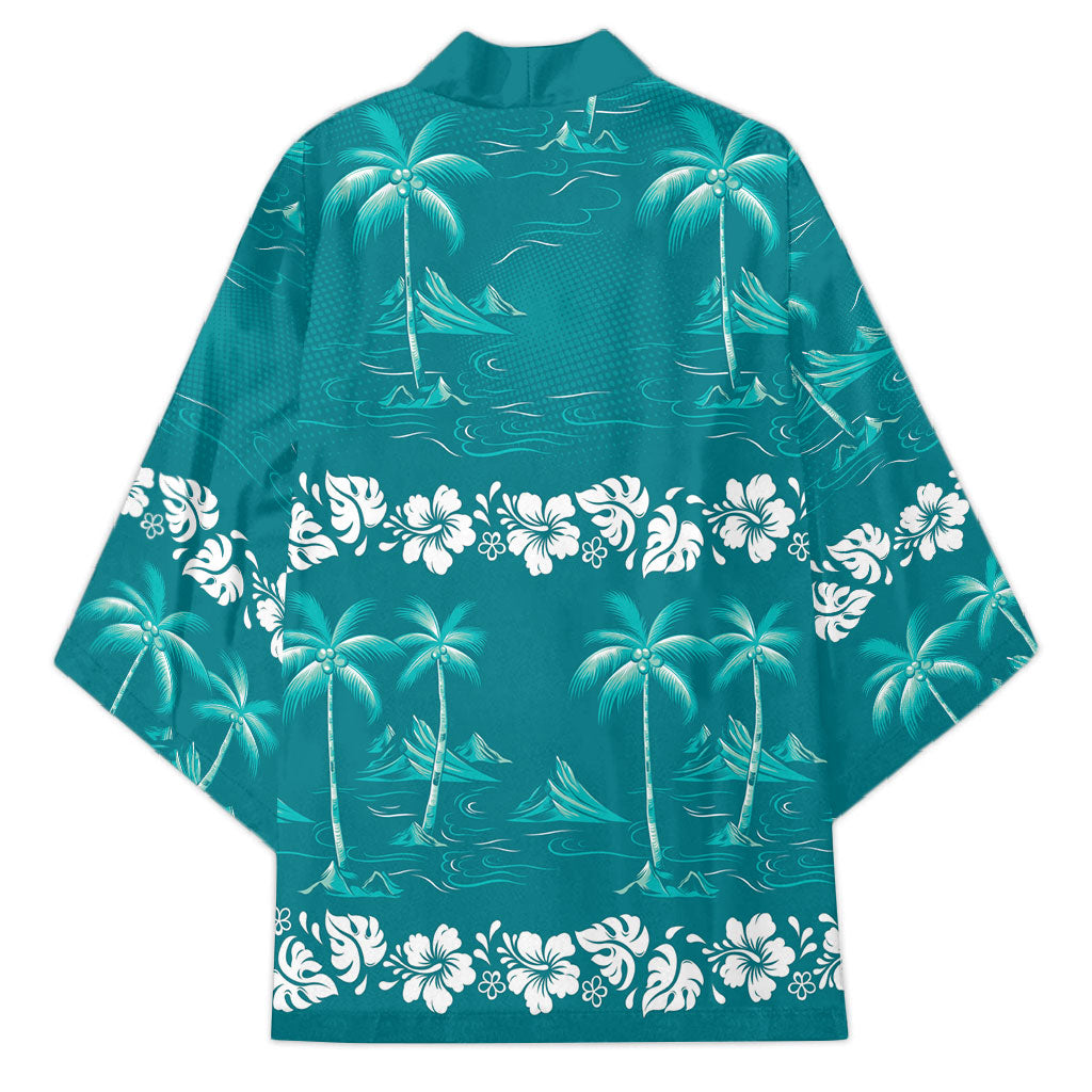 Cyan Hawaii Palm Tree Hibiscus Kimono Fantasy Summer Vibe LT01 - Polynesian Pride