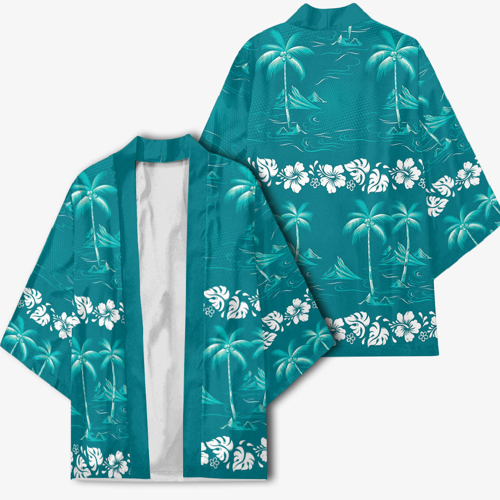 Cyan Hawaii Palm Tree Hibiscus Kimono Fantasy Summer Vibe LT01 - Polynesian Pride
