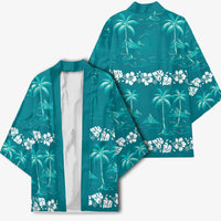 Cyan Hawaii Palm Tree Hibiscus Kimono Fantasy Summer Vibe LT01 - Polynesian Pride