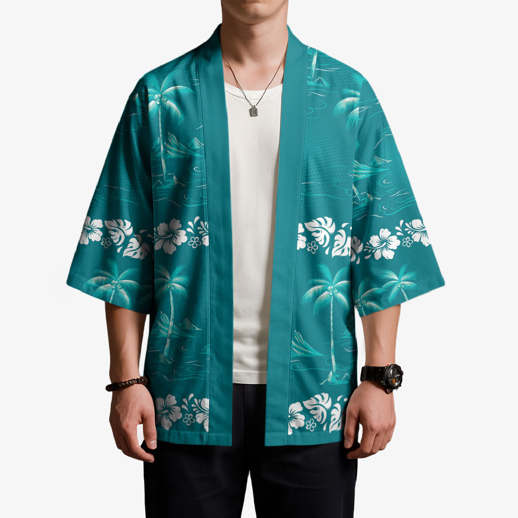 Cyan Hawaii Palm Tree Hibiscus Kimono Fantasy Summer Vibe LT01 - Polynesian Pride