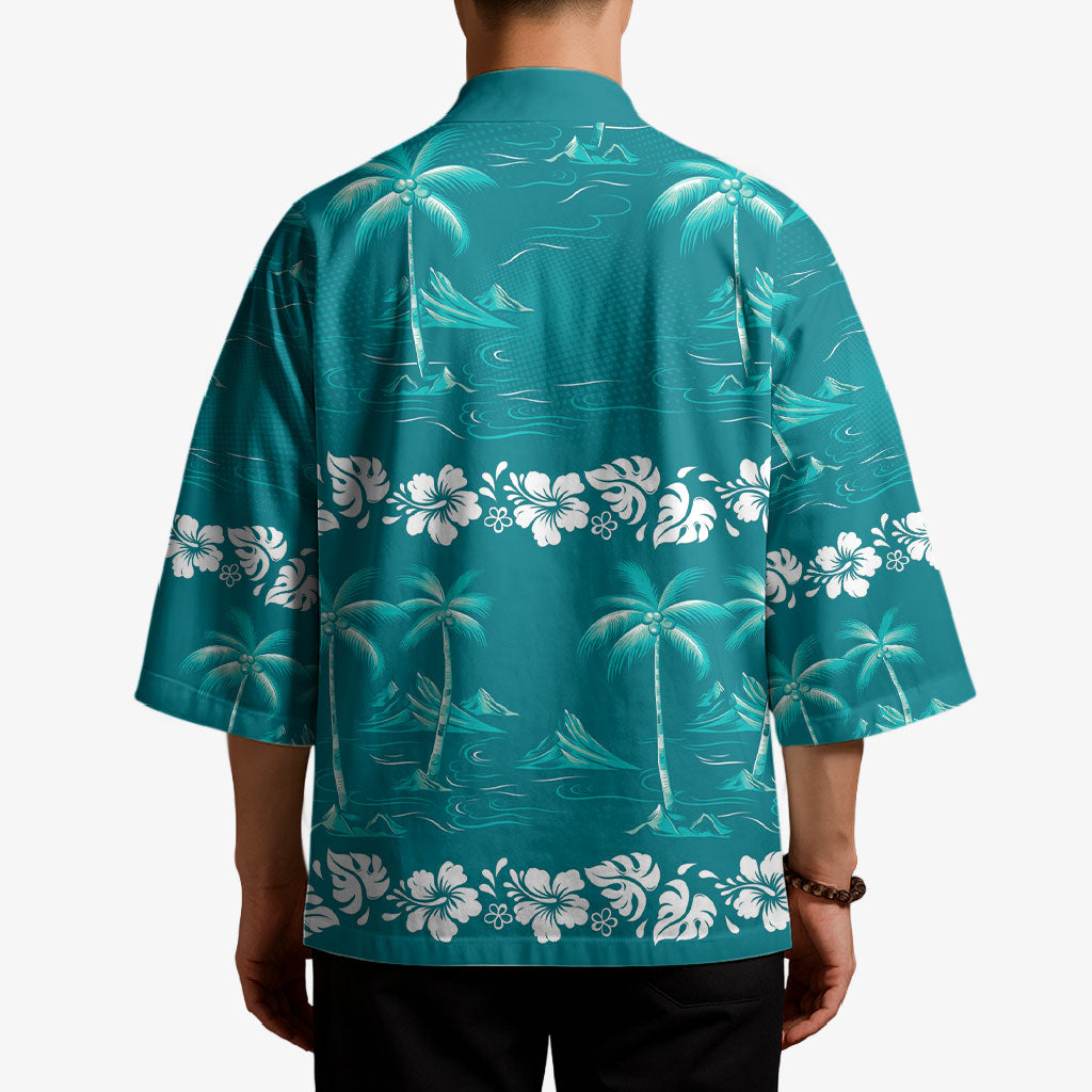 Cyan Hawaii Palm Tree Hibiscus Kimono Fantasy Summer Vibe LT01 - Polynesian Pride
