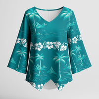 Cyan Hawaii Palm Tree Hibiscus Kimono Sleeve Blouse Fantasy Summer Vibe LT01 Female Cyan - Polynesian Pride