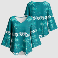 Cyan Hawaii Palm Tree Hibiscus Kimono Sleeve Blouse Fantasy Summer Vibe LT01 - Polynesian Pride