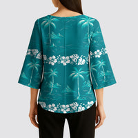 Cyan Hawaii Palm Tree Hibiscus Kimono Sleeve Blouse Fantasy Summer Vibe LT01 - Polynesian Pride