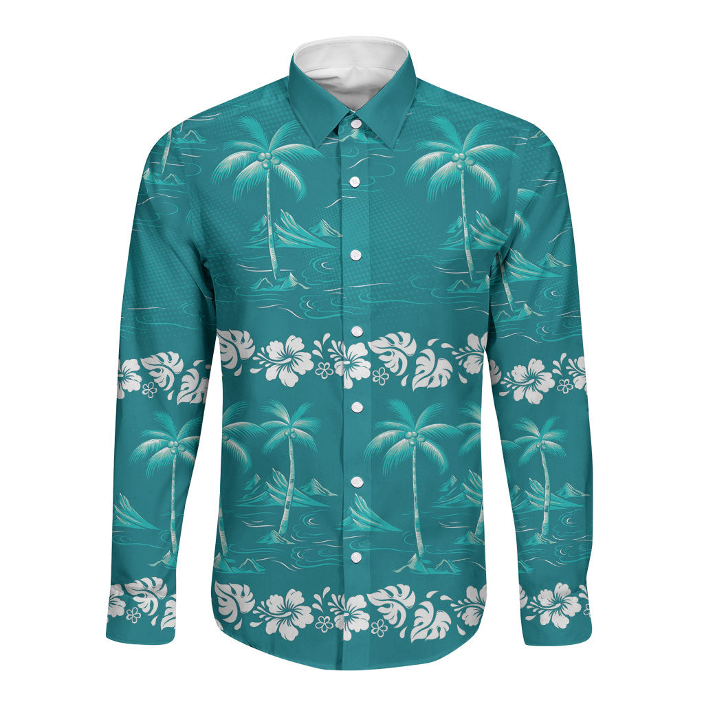 Cyan Hawaii Palm Tree Hibiscus Long Sleeve Button Shirt Fantasy Summer Vibe LT01 Unisex Cyan - Polynesian Pride