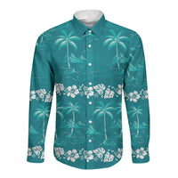 Cyan Hawaii Palm Tree Hibiscus Long Sleeve Button Shirt Fantasy Summer Vibe LT01 Unisex Cyan - Polynesian Pride