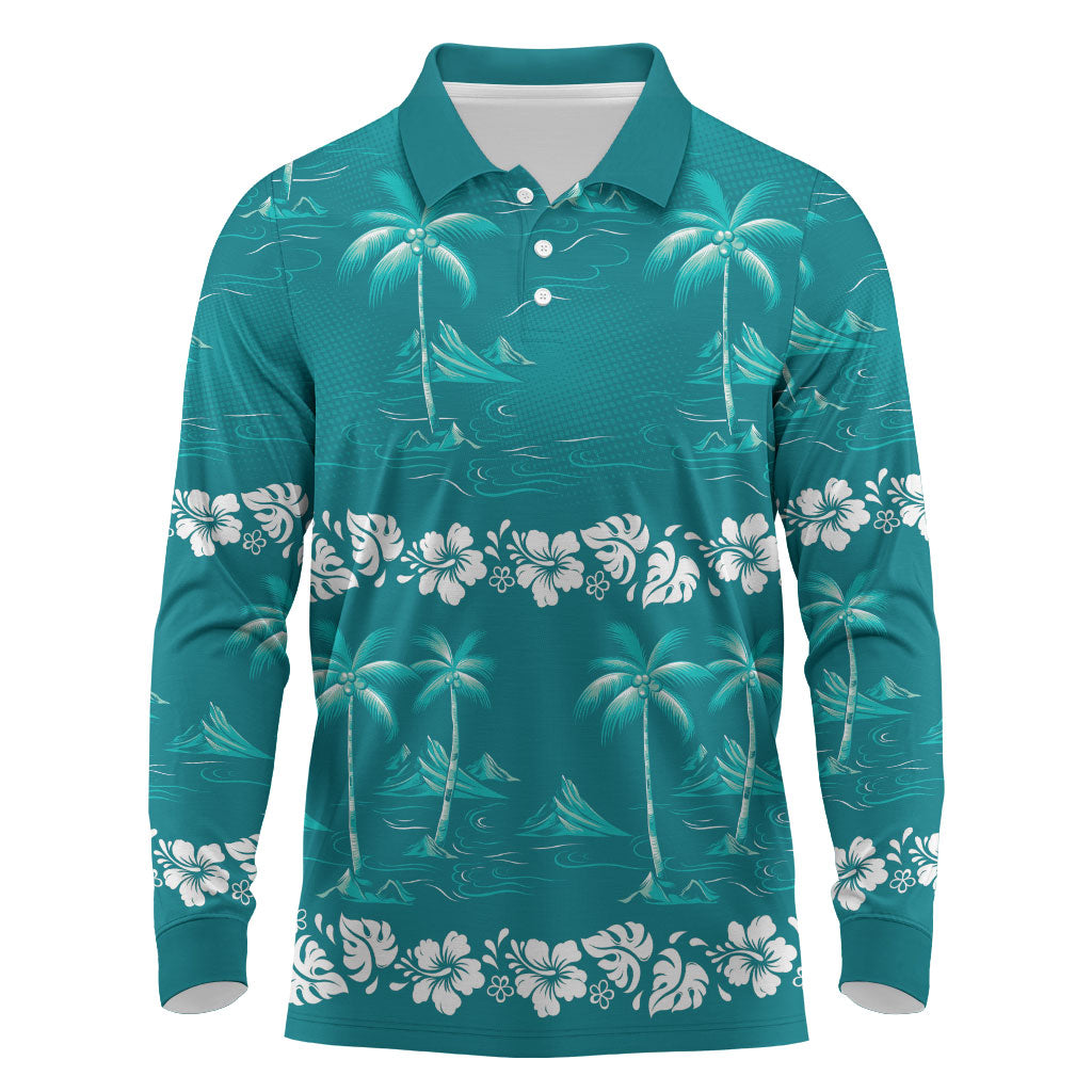 Cyan Hawaii Palm Tree Hibiscus Long Sleeve Polo Shirt Fantasy Summer Vibe LT01 Cyan - Polynesian Pride