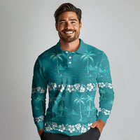 Cyan Hawaii Palm Tree Hibiscus Long Sleeve Polo Shirt Fantasy Summer Vibe LT01 - Polynesian Pride