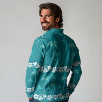 Cyan Hawaii Palm Tree Hibiscus Long Sleeve Polo Shirt Fantasy Summer Vibe LT01 - Polynesian Pride