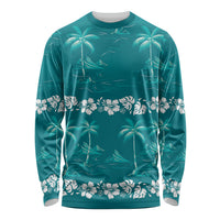 Cyan Hawaii Palm Tree Hibiscus Long Sleeve Shirt Fantasy Summer Vibe LT01 Unisex Cyan - Polynesian Pride
