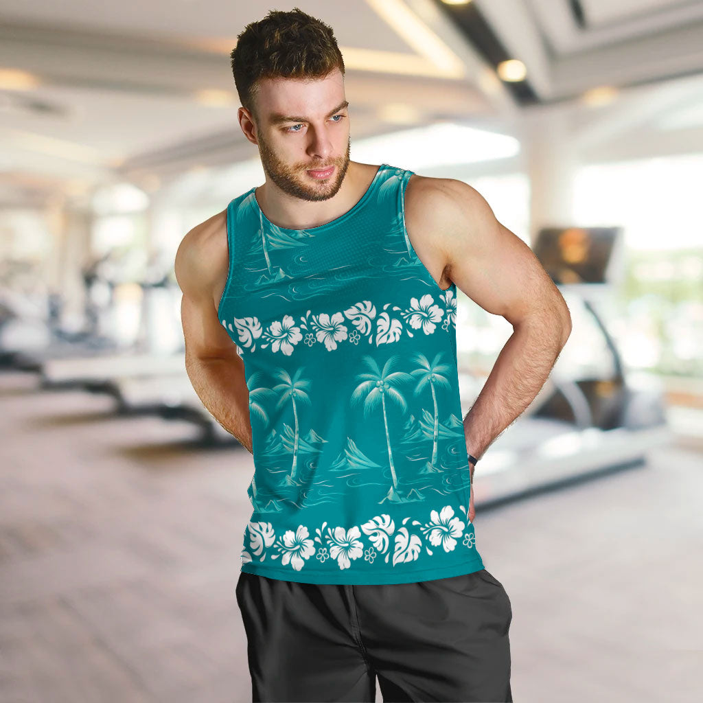 Cyan Hawaii Palm Tree Hibiscus Men Tank Top Fantasy Summer Vibe LT01 Cyan - Polynesian Pride