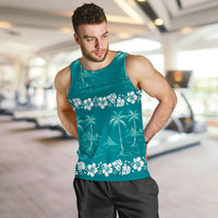Cyan Hawaii Palm Tree Hibiscus Men Tank Top Fantasy Summer Vibe LT01 Cyan - Polynesian Pride