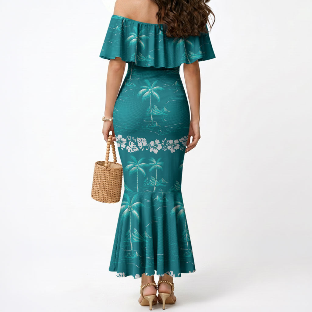 Cyan Hawaii Palm Tree Hibiscus Mermaid Dress Fantasy Summer Vibe LT01 - Polynesian Pride