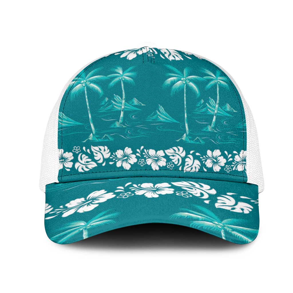 Cyan Hawaii Palm Tree Hibiscus Mesh Trucker Cap Fantasy Summer Vibe LT01 One Size White Cyan - Polynesian Pride