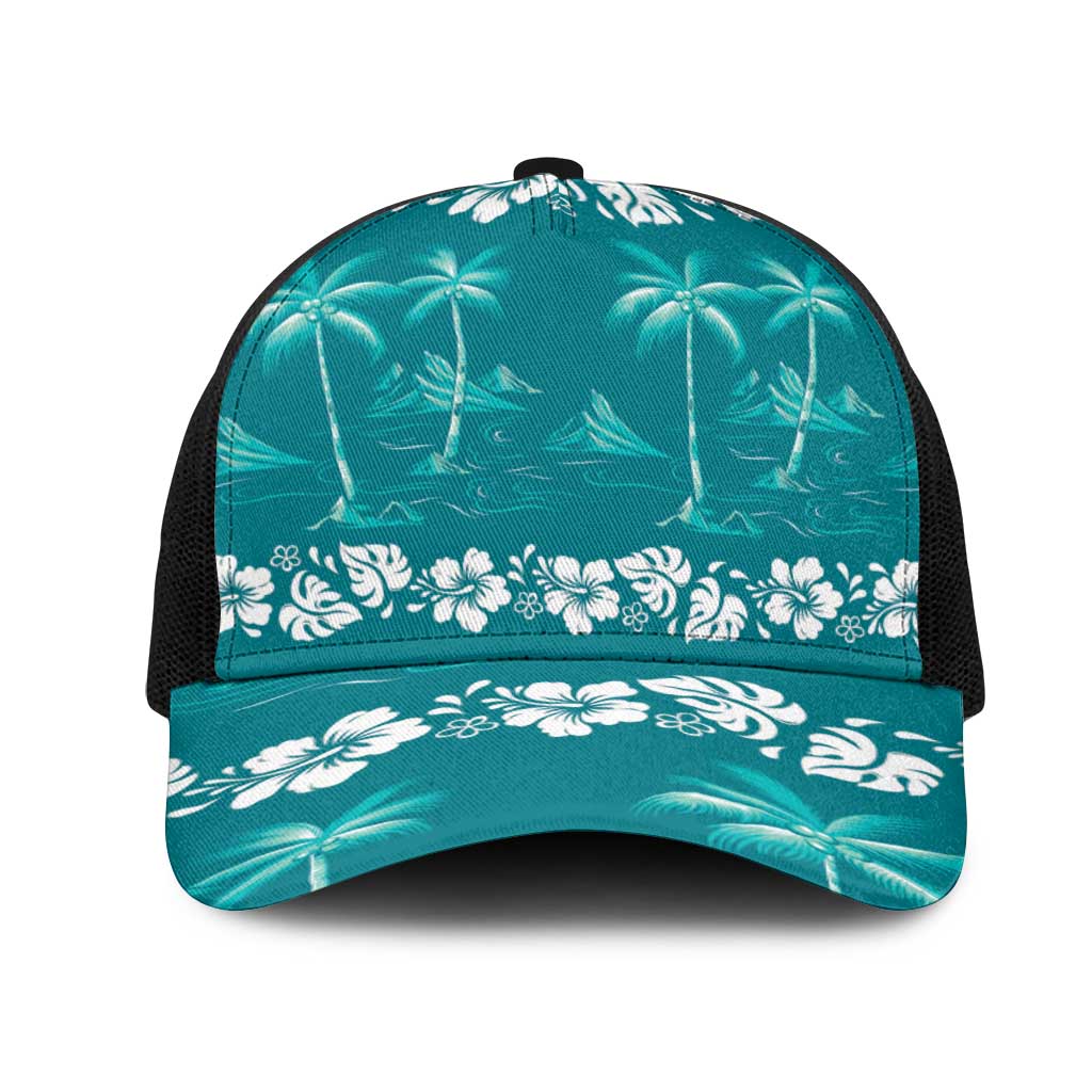 Cyan Hawaii Palm Tree Hibiscus Mesh Trucker Cap Fantasy Summer Vibe LT01 One Size Black Cyan - Polynesian Pride