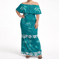 Cyan Hawaii Palm Tree Hibiscus Off Shoulder Maxi Dress Fantasy Summer Vibe LT01 Women Cyan - Polynesian Pride