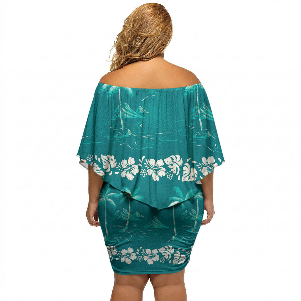 Cyan Hawaii Palm Tree Hibiscus Off Shoulder Short Dress Fantasy Summer Vibe LT01 - Polynesian Pride