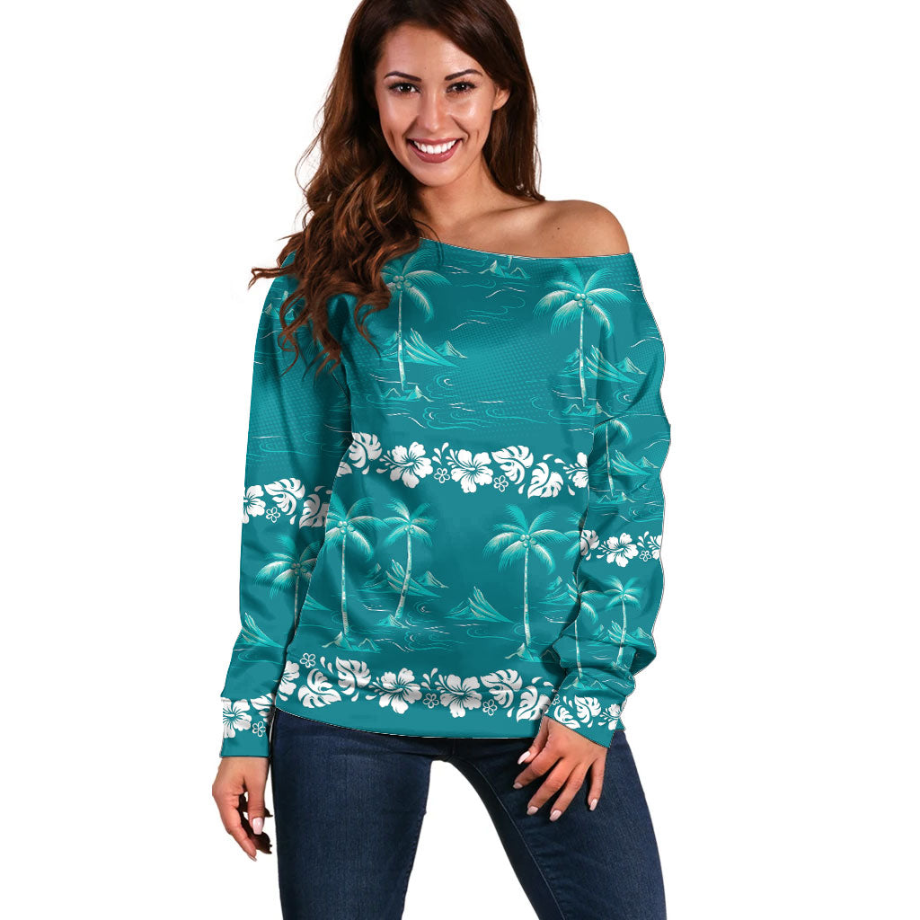 Cyan Hawaii Palm Tree Hibiscus Off Shoulder Sweater Fantasy Summer Vibe LT01 Women Cyan - Polynesian Pride
