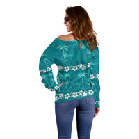 Cyan Hawaii Palm Tree Hibiscus Off Shoulder Sweater Fantasy Summer Vibe LT01 - Polynesian Pride