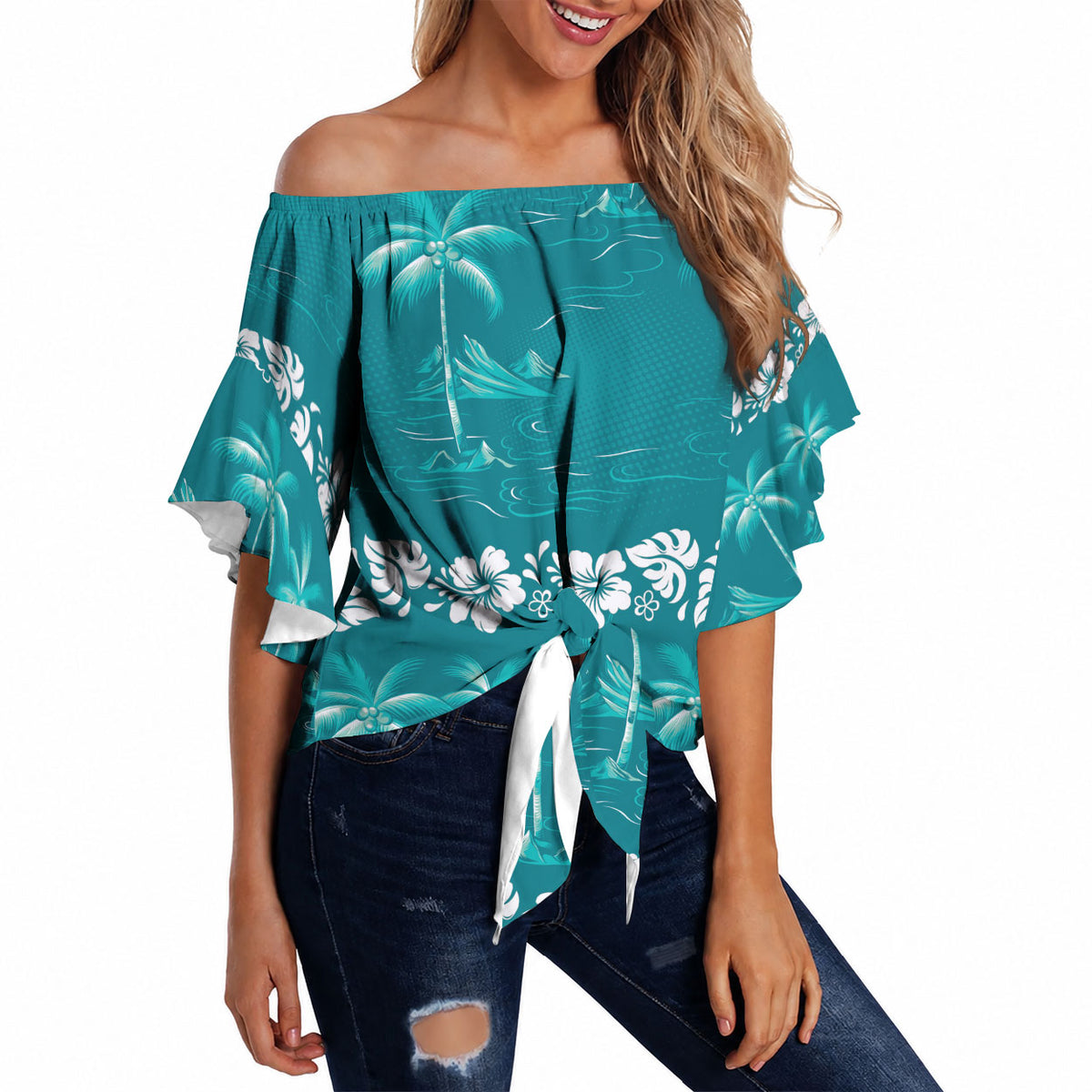 Cyan Hawaii Palm Tree Hibiscus Off Shoulder Wrap Waist Top Fantasy Summer Vibe LT01 Cyan - Polynesian Pride