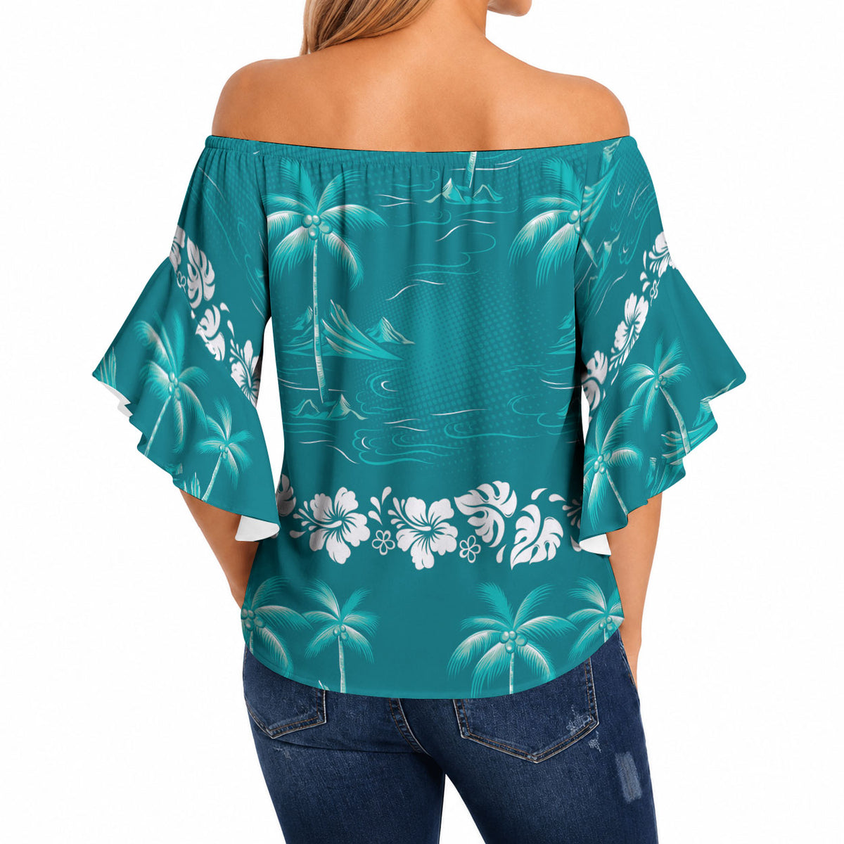 Cyan Hawaii Palm Tree Hibiscus Off Shoulder Wrap Waist Top Fantasy Summer Vibe LT01 - Polynesian Pride