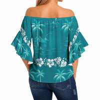 Cyan Hawaii Palm Tree Hibiscus Off Shoulder Wrap Waist Top Fantasy Summer Vibe LT01 - Polynesian Pride