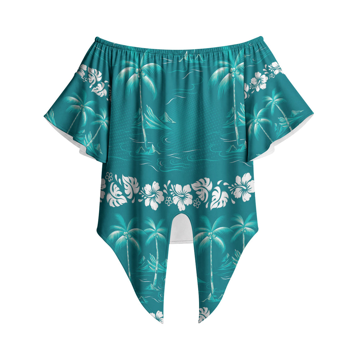 Cyan Hawaii Palm Tree Hibiscus Off Shoulder Wrap Waist Top Fantasy Summer Vibe LT01 - Polynesian Pride