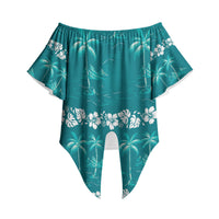 Cyan Hawaii Palm Tree Hibiscus Off Shoulder Wrap Waist Top Fantasy Summer Vibe LT01 - Polynesian Pride