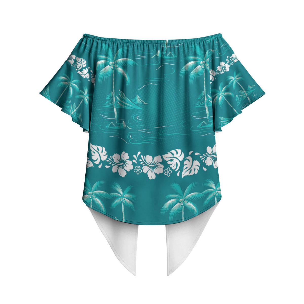 Cyan Hawaii Palm Tree Hibiscus Off Shoulder Wrap Waist Top Fantasy Summer Vibe LT01 - Polynesian Pride