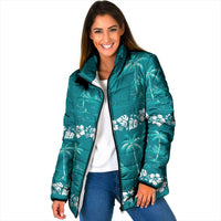 Cyan Hawaii Palm Tree Hibiscus Padded Jacket Fantasy Summer Vibe LT01 Women Cyan - Polynesian Pride