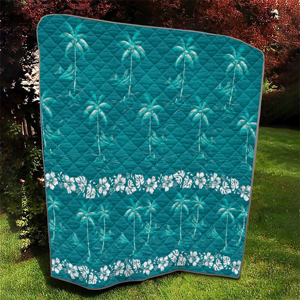 Cyan Hawaii Palm Tree Hibiscus Quilt Fantasy Summer Vibe LT01 - Polynesian Pride