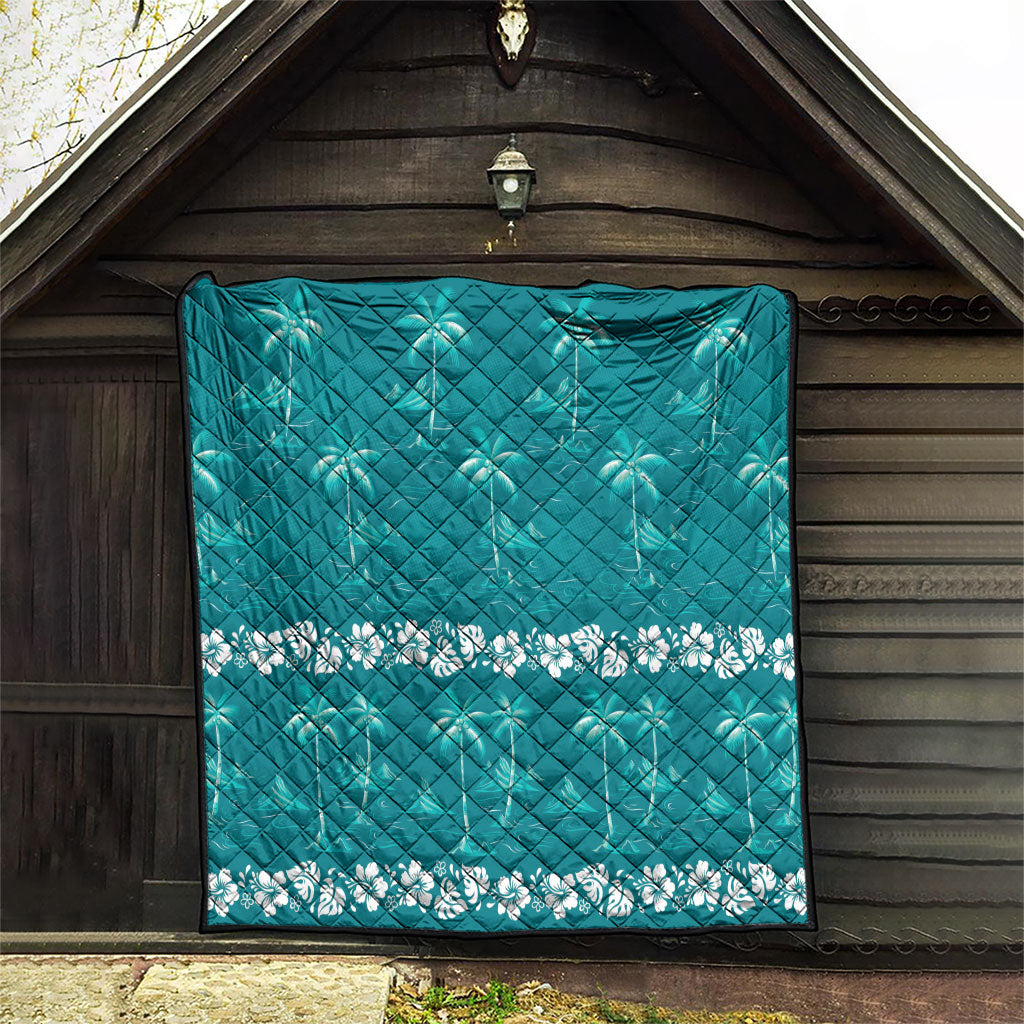 Cyan Hawaii Palm Tree Hibiscus Quilt Fantasy Summer Vibe LT01 - Polynesian Pride